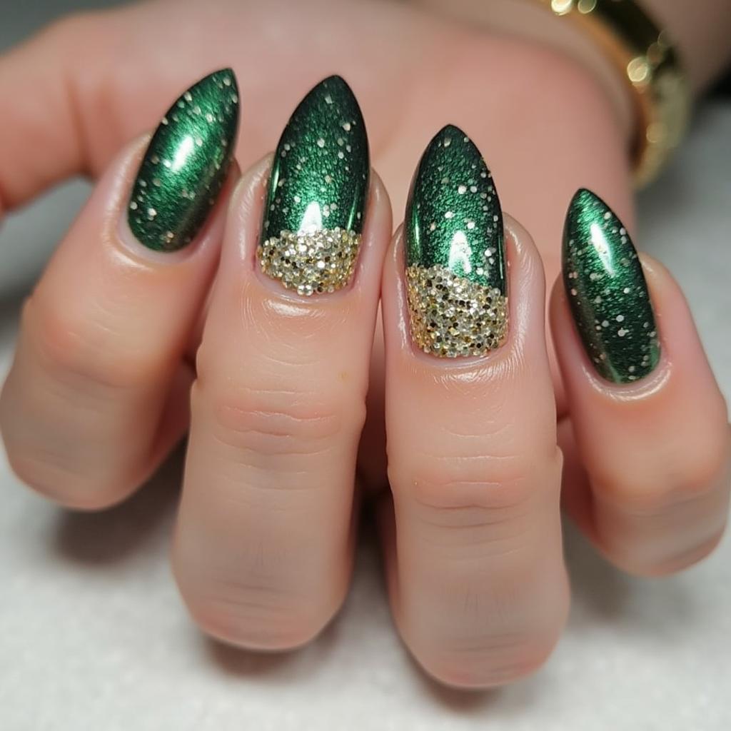 Emerald green glitter nails with gold glitter cuticle accents