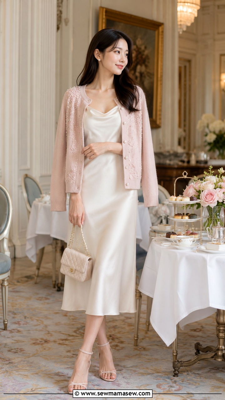 Embellished cardigan layered over a simple slip dress