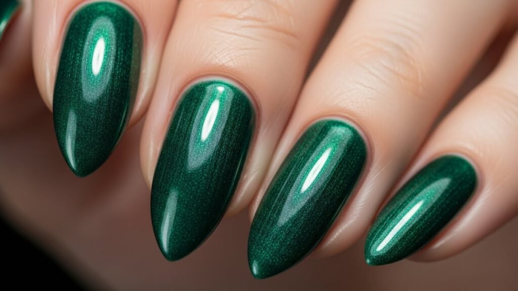 Velvet-textured emerald green magnetic nails