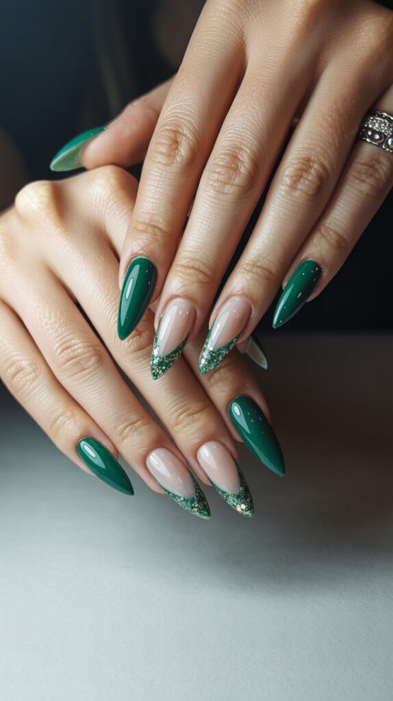 Emerald green nails with glitter tips