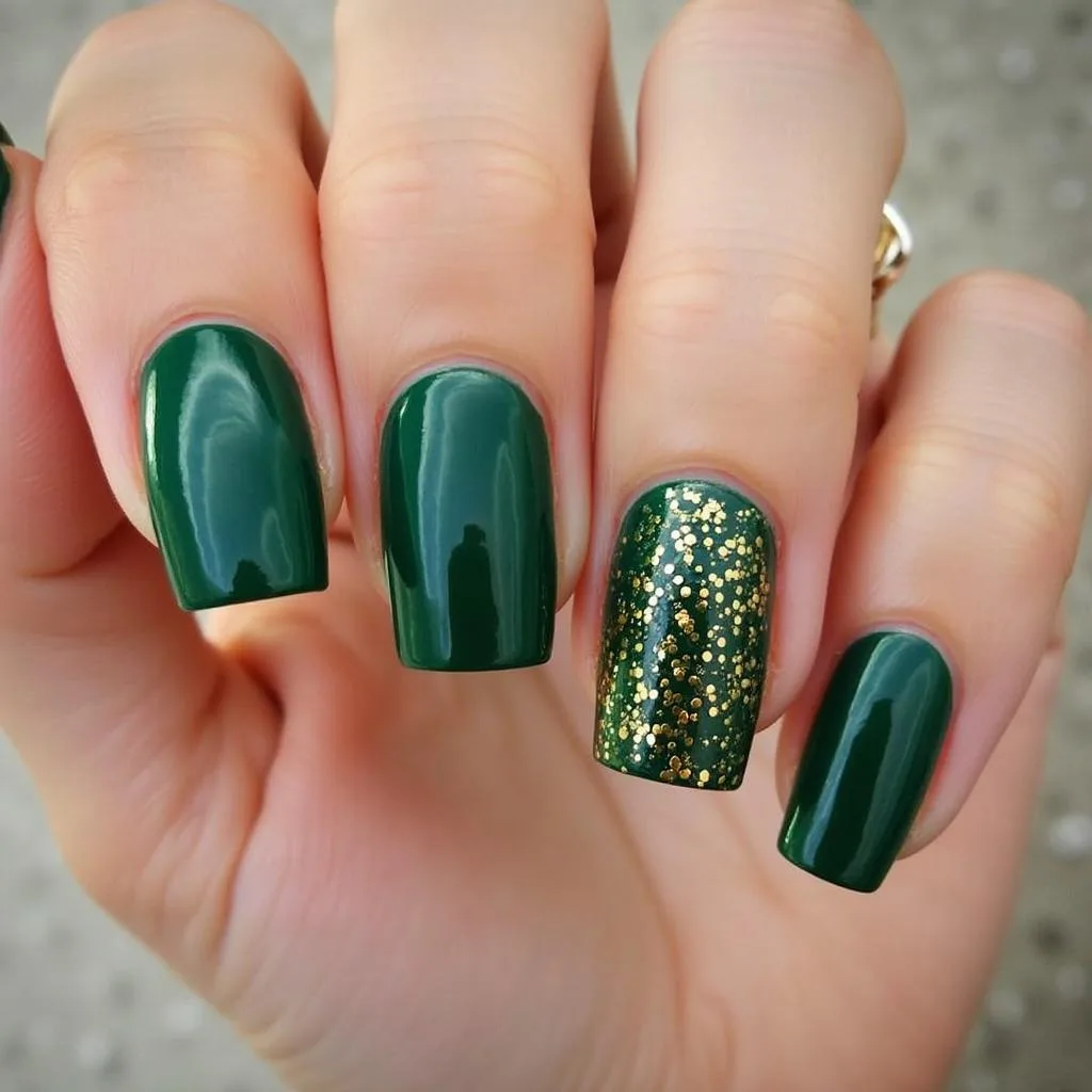Emerald green nails with gold glitter