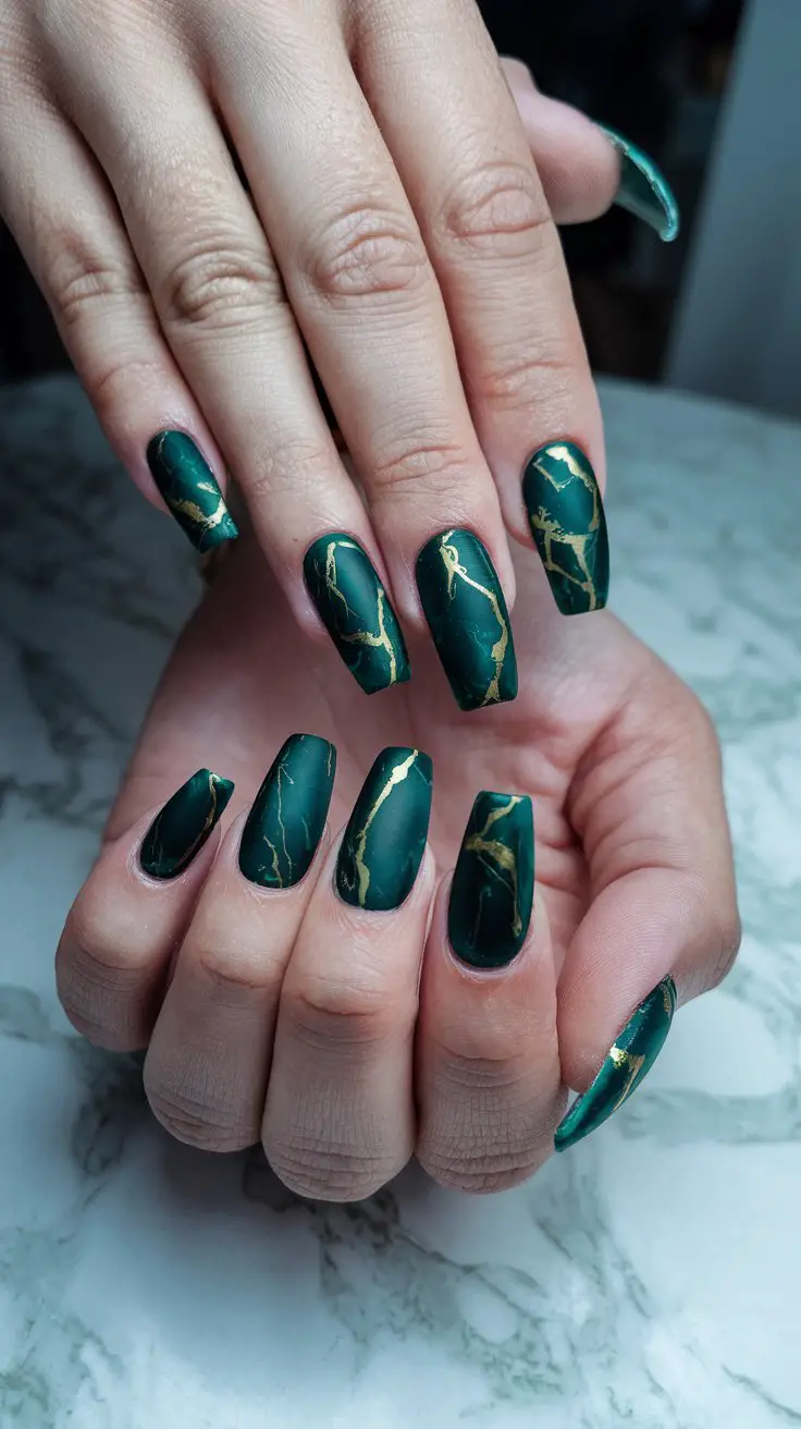 Medium almond nails in dark green with gold marble veining