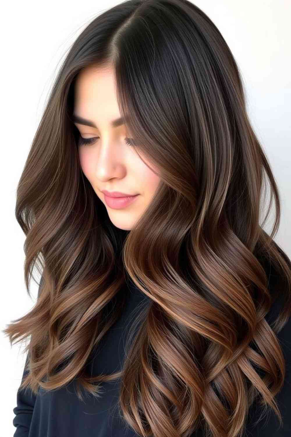 Wavy espresso brown hair with sun-kissed balayage highlights