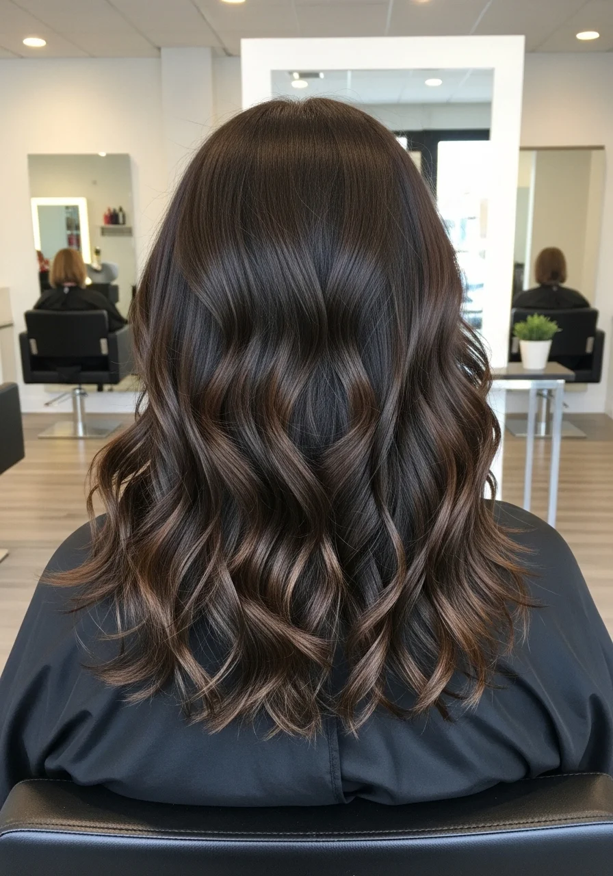 Long espresso brown hair styled in soft salon waves