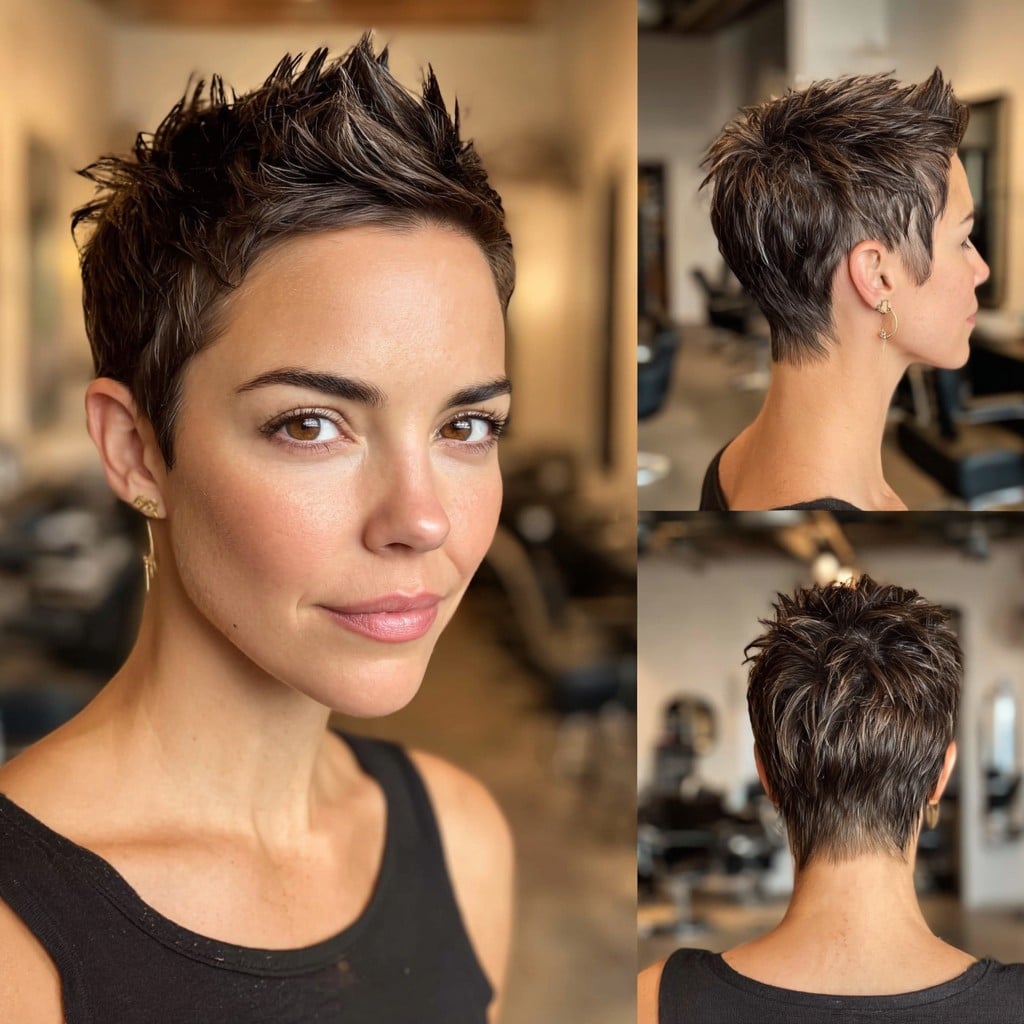 Collage of a short spiky textured espresso pixie haircut from multiple angles