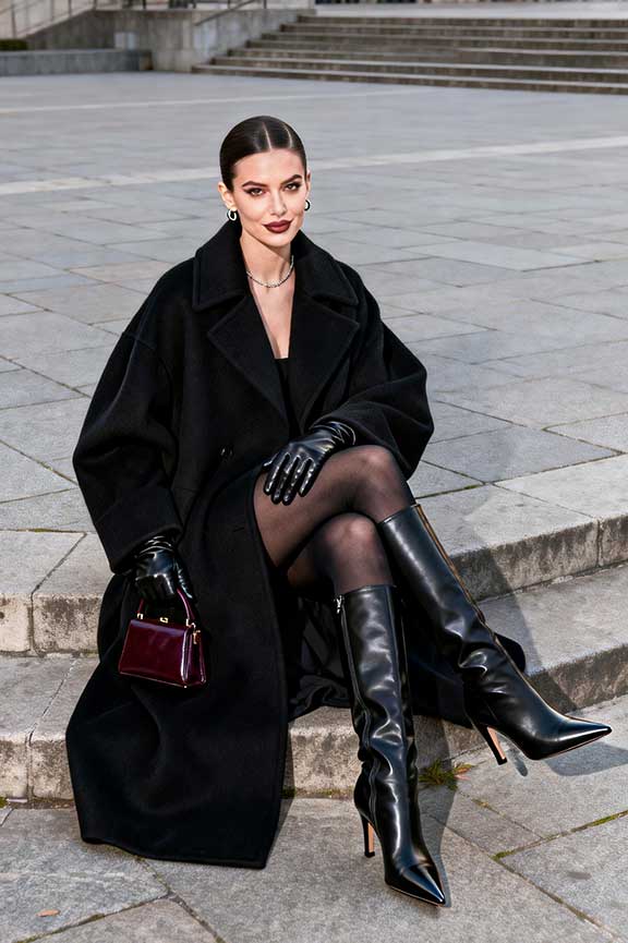 Woman in an extra-long black coat, opera gloves, and over-the-knee boots with a burgundy handbag