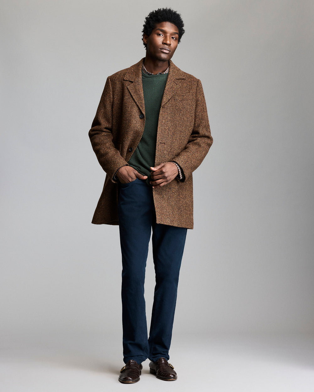 Dark brown herringbone overcoat for men