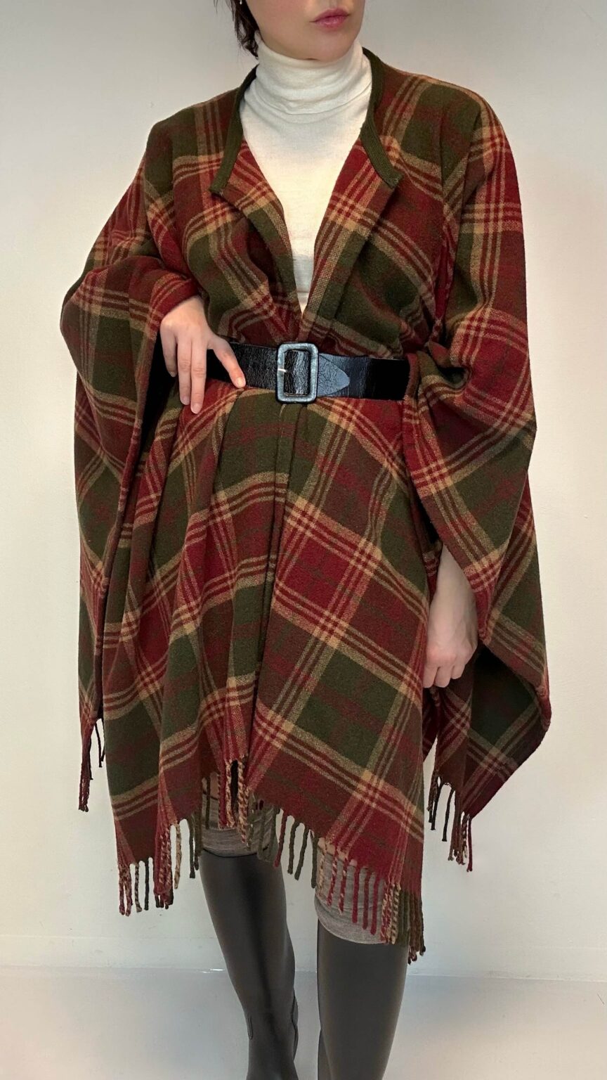 Rare wool blend tartan country cape with fringes, a Scandinavian layering piece
