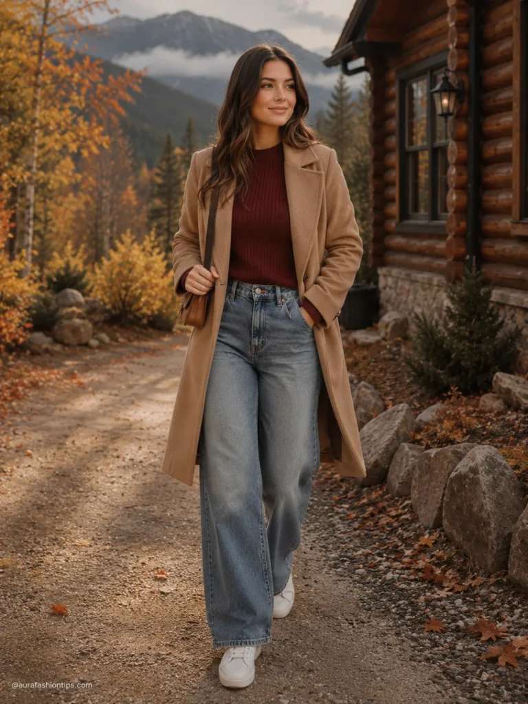 Woman in plum ribbed sweater and wide-leg jeans with camel coat and sneakers