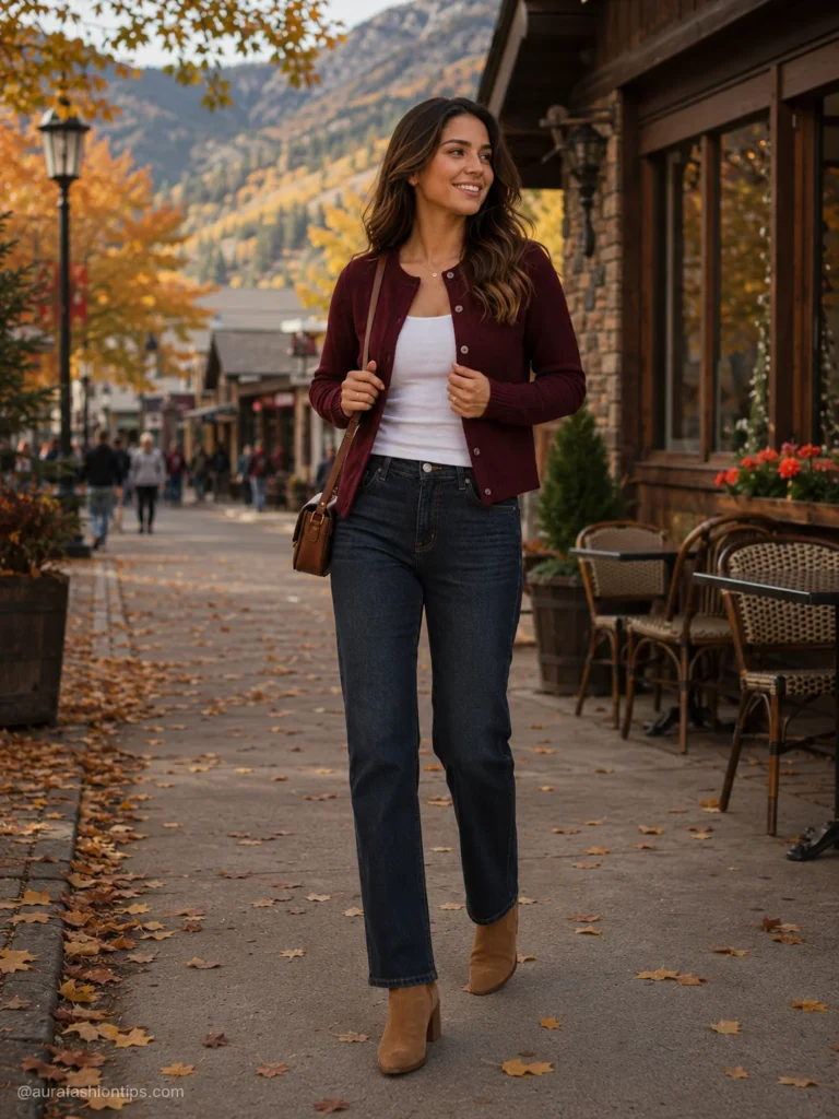 Woman in burgundy cardigan, ivory tee and dark straight jeans with tan ankle boots