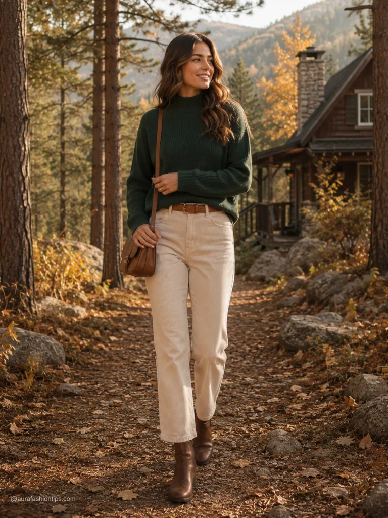 Woman in forest green mock-neck sweater and cream corduroy pants with Chelsea boots