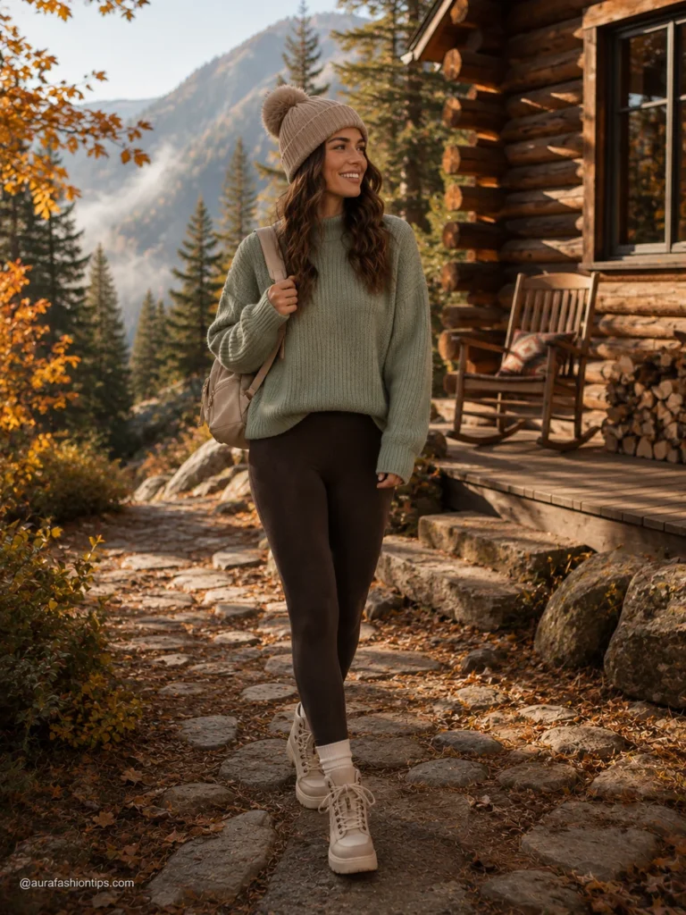 Woman in sage chunky sweater and dark brown fleece leggings with hiking boots and beanie