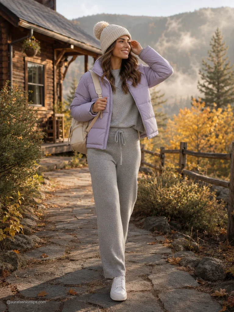 Woman in lilac quilted puffer over gray knit set with white sneakers and beanie
