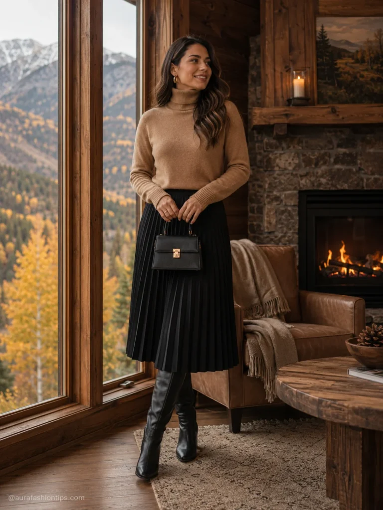 Woman in camel turtleneck sweater and black pleated midi skirt with knee boots
