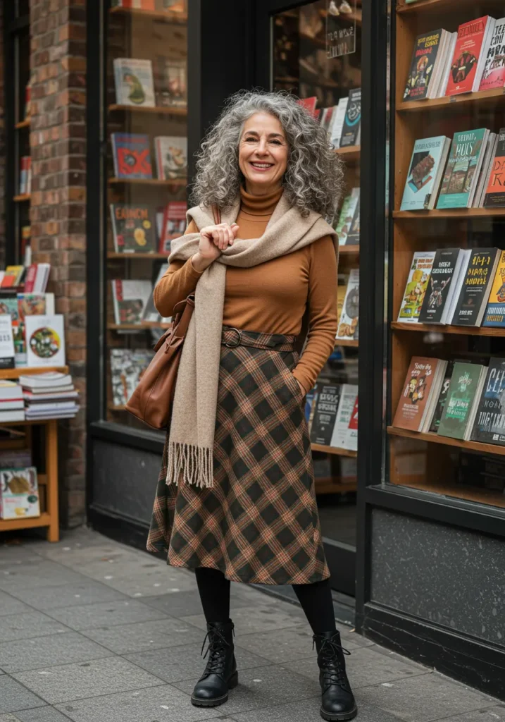 Older woman wearing a black turtleneck with a burgundy plaid wool skirt and knee boots