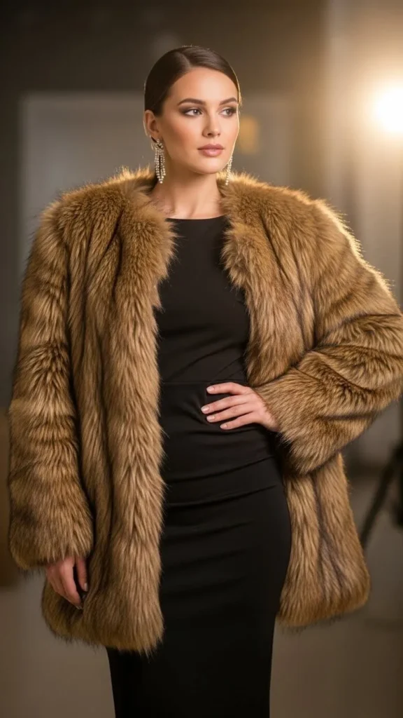 Faux fur coat worn over a little black dress with sheer tights and heels
