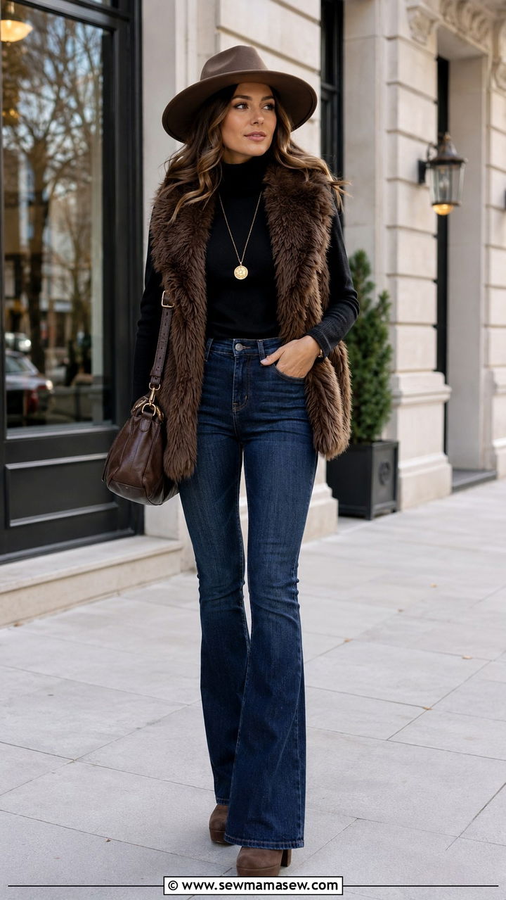 Woman in a chocolate faux-fur vest over a black turtleneck with dark flare jeans, boots and a wide-brim hat
