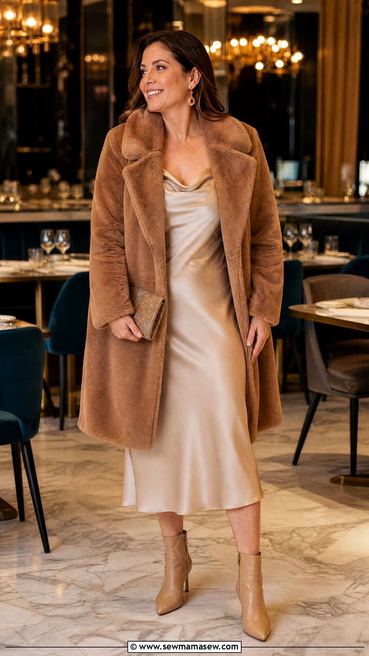 Faux fur coat over slip dress with heeled boots