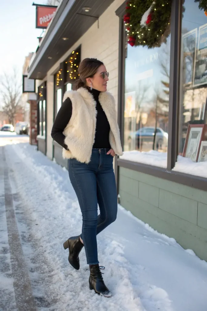 Woman wearing a cream faux-fur vest over a black turtleneck with dark skinny jeans and black ankle boots on a snowy sidewalk