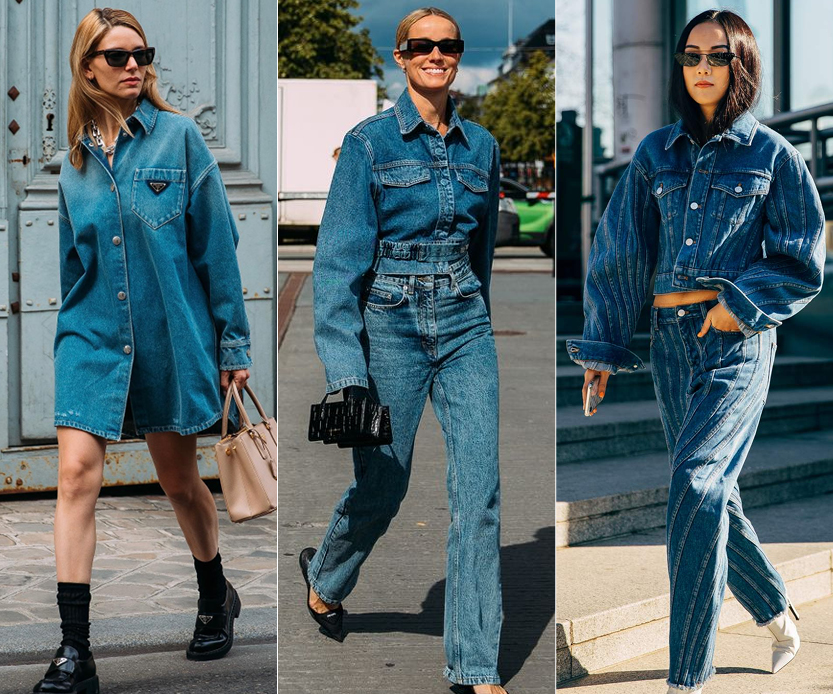 Street-style collage of three women wearing denim-on-denim outfits with jeans