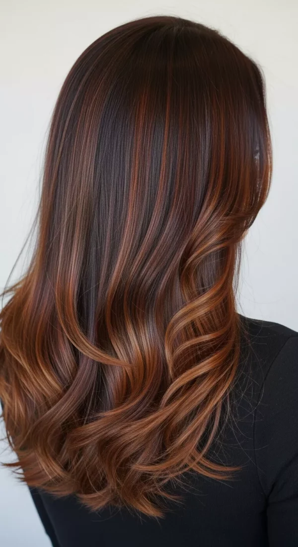 Long brunette hair with a bronze ombre melting into warm metallic ends