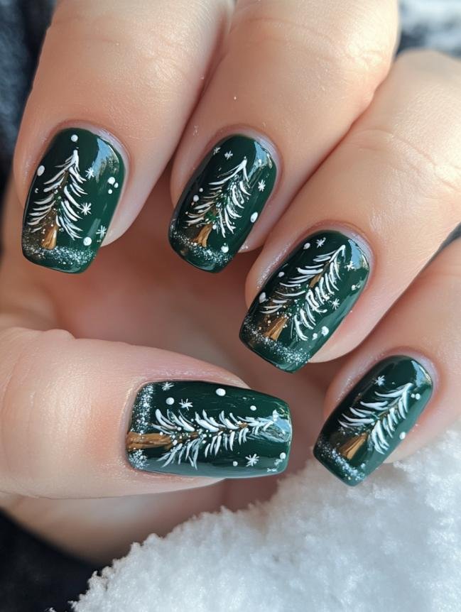 Short square deep green nails with white Christmas tree art and snow dots