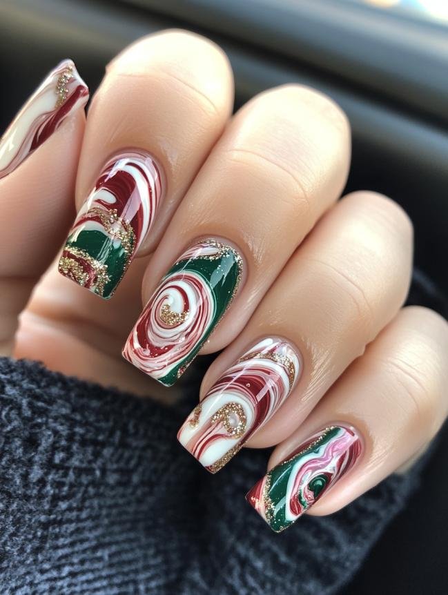 Red, green and white marble swirl nails with gold glitter veining