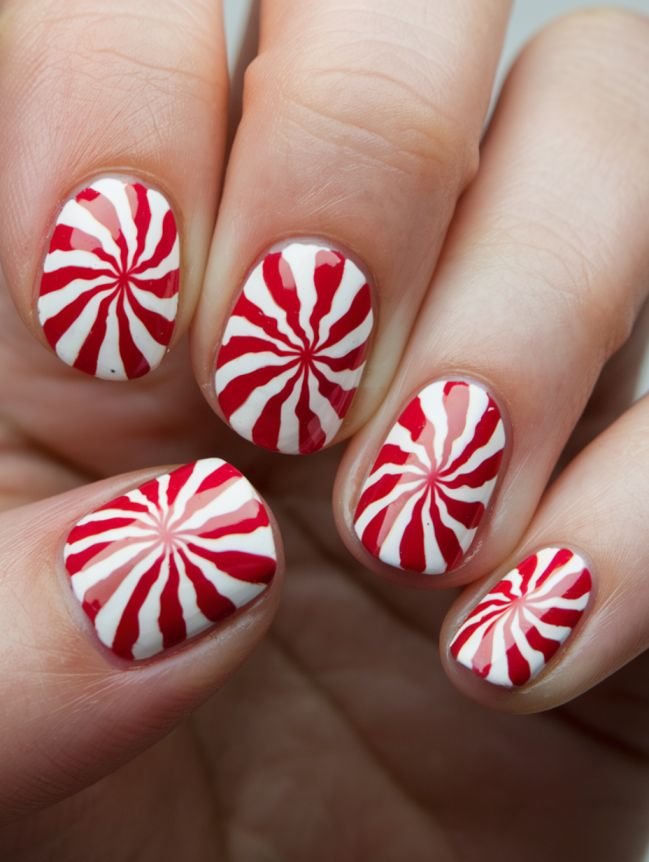 Short square nails with red and white peppermint swirl art