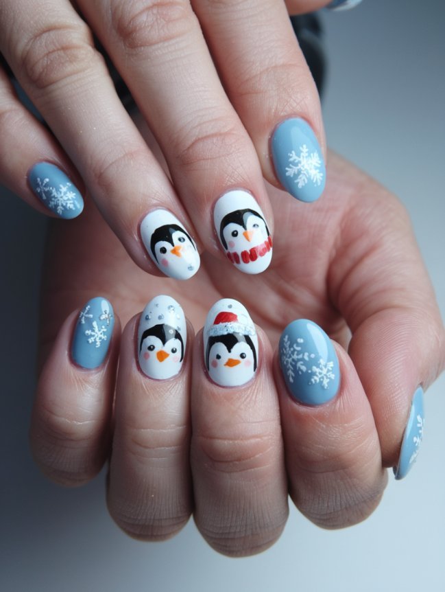 Penguin nail art on light blue nails