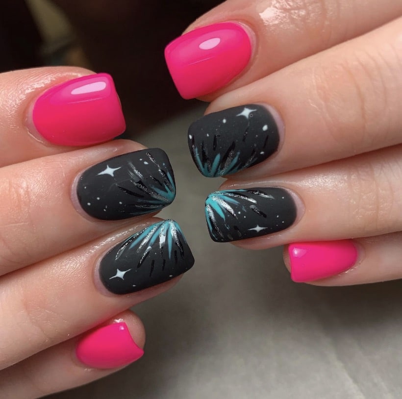 Dark nails with fine metallic linework radiating like firework bursts