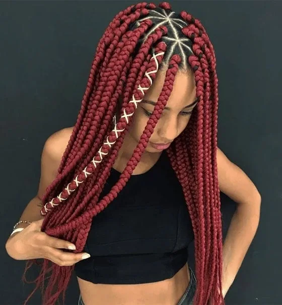 Burgundy box braids by a professional braiding salon