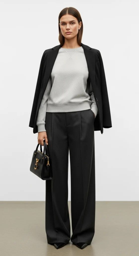 Woman in wide-leg trousers with a tucked-in sweater and blazer