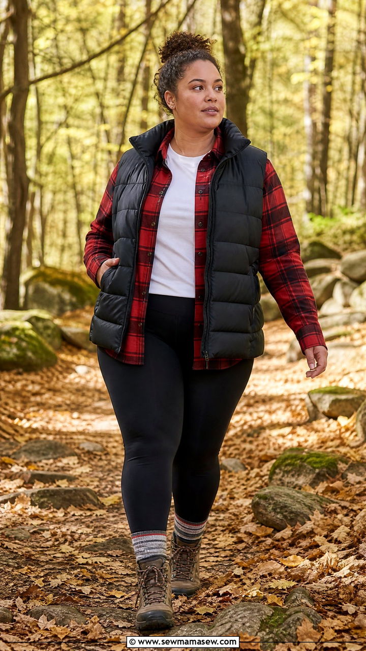 Woman in a black puffer vest over a red flannel shirt with black leggings and hiking boots