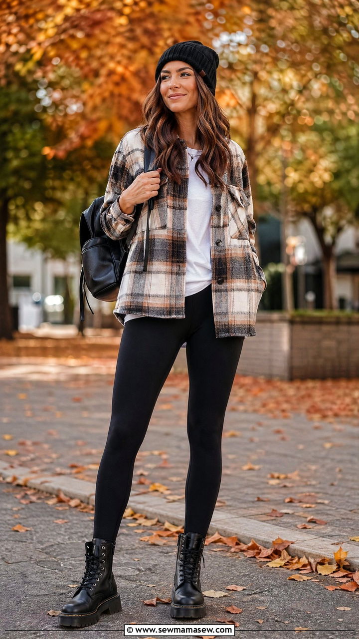 Flannel shacket with black leggings