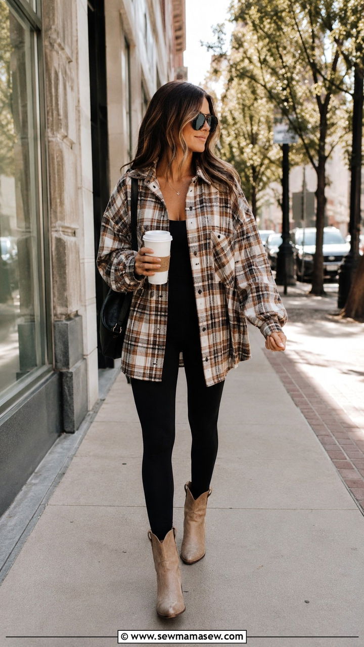 Woman in an oversized brown plaid flannel shacket, black leggings, and tan ankle boots, holding a coffee cup
