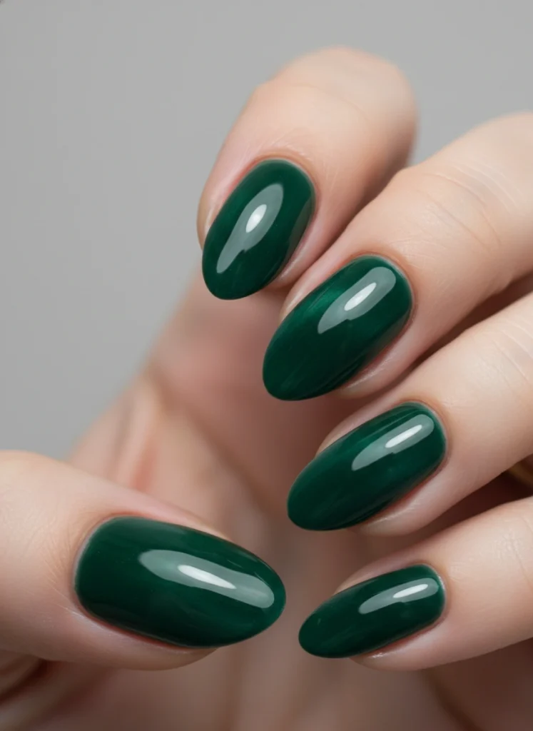 Short almond nails with forest green velvet cat-eye magnetic shimmer