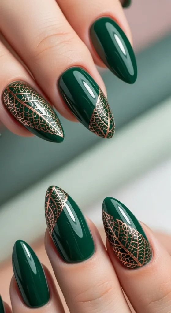 Forest green nails with copper leaf veins