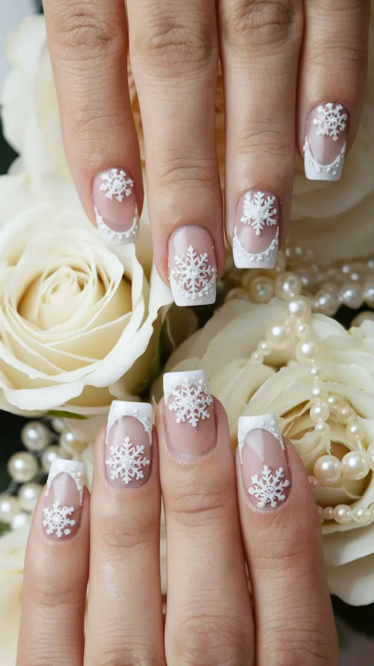 French tip nails with snowflake and pearl details
