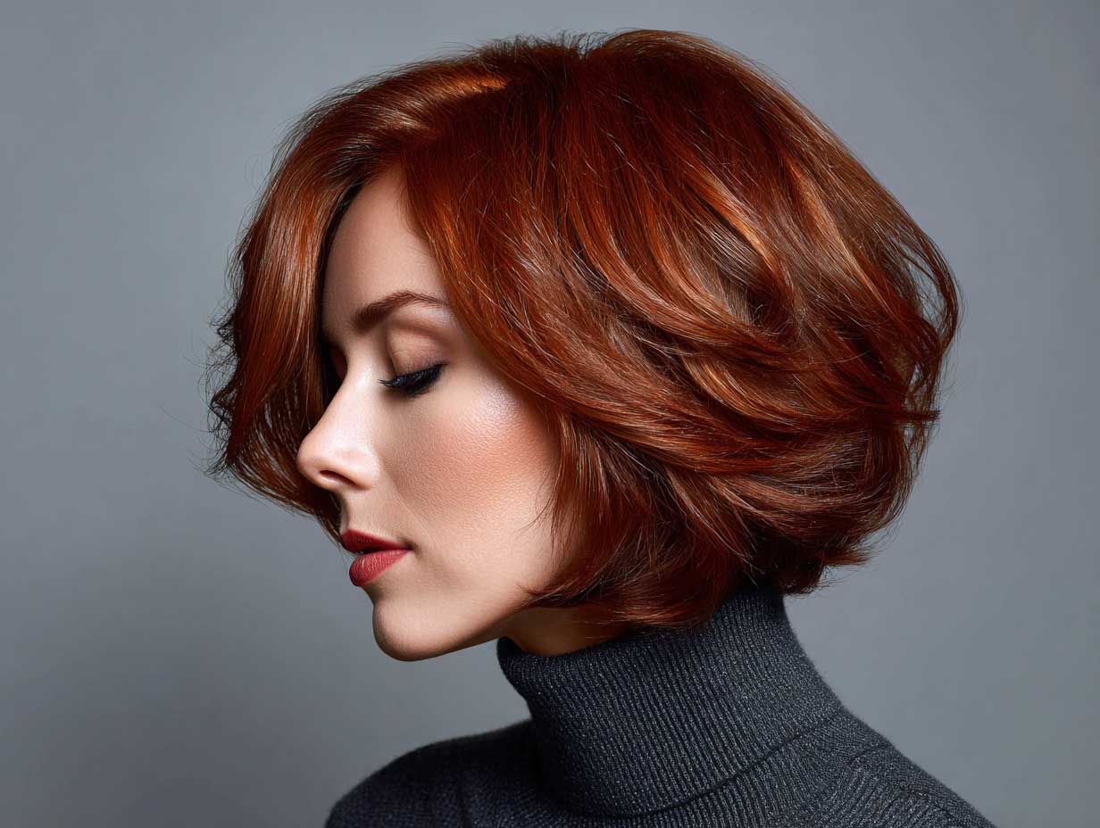 Shoulder-length layered copper red hair