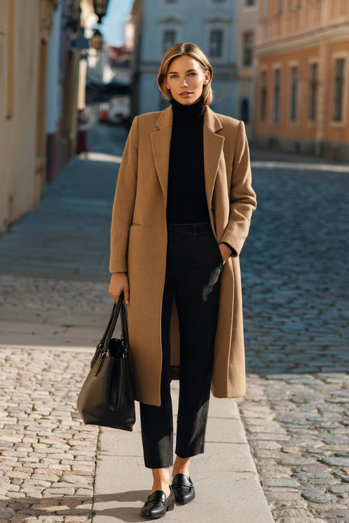 Woman in a camel wool coat with a black turtleneck