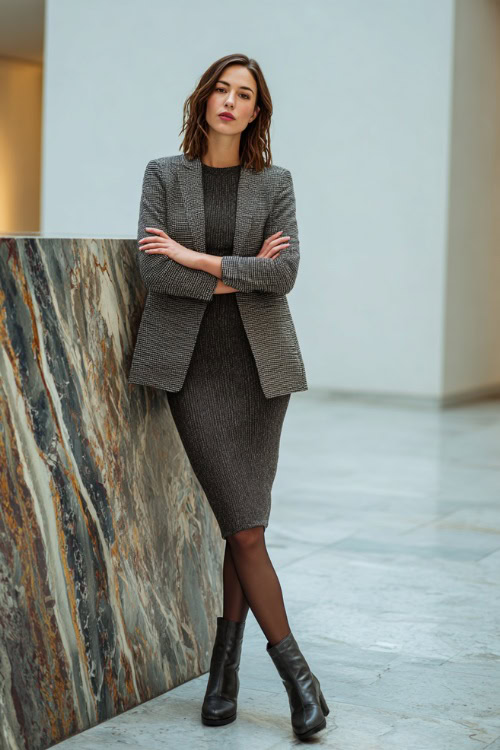 Woman indoors wearing a grey houndstooth blazer over a dark knit midi dress with black tights and black ankle boots