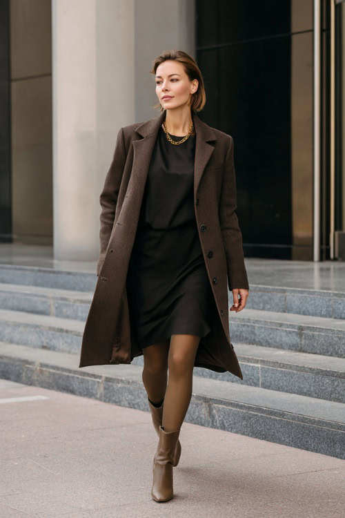 Woman in a long brown structured coat over a midi dress with tights and boots