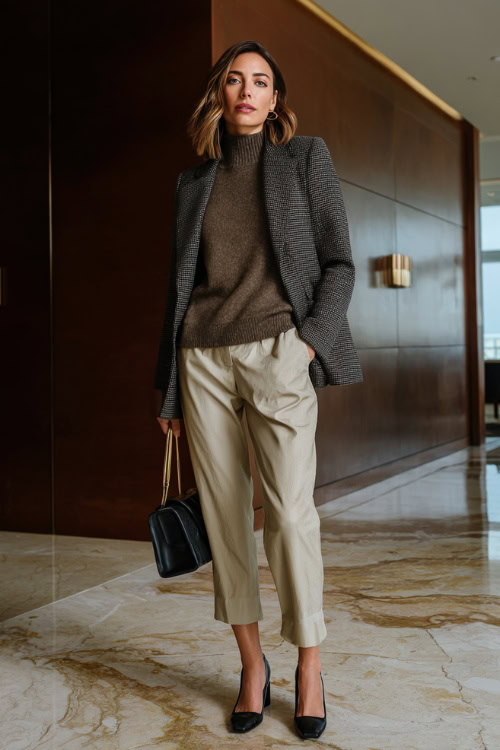 Woman wearing a black turtleneck under a tailored blazer for the office