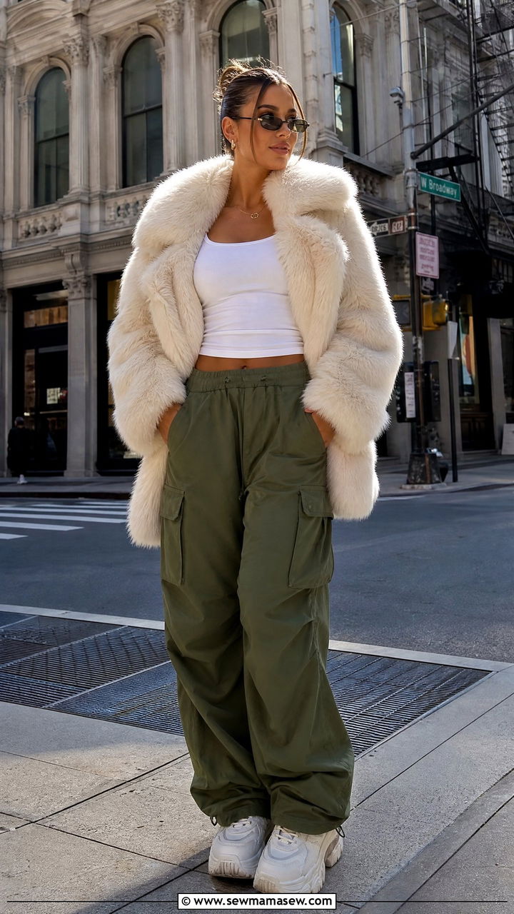 Woman in a faux fur jacket with cargo pants and chunky sneakers