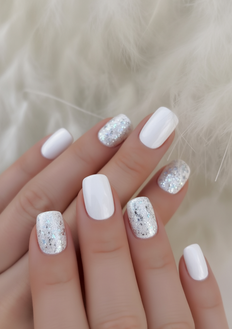 Short square white nails with silver holographic glitter accent nails