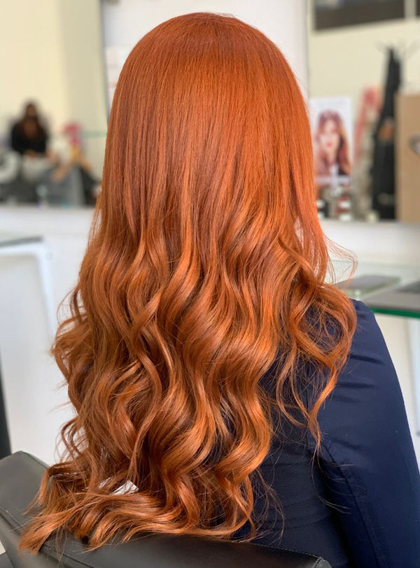 Spicy copper cinnamon hair color, long length
