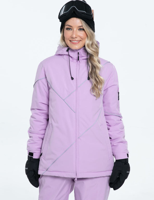Woman wearing an ice-purple insulated ski jacket in the snow