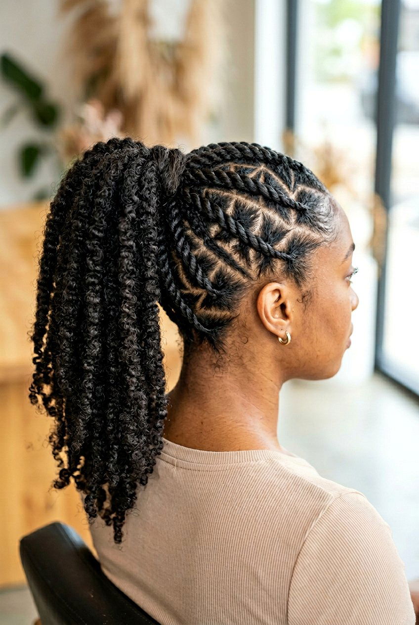 Geometric flat-twist ponytail with sculpted partings