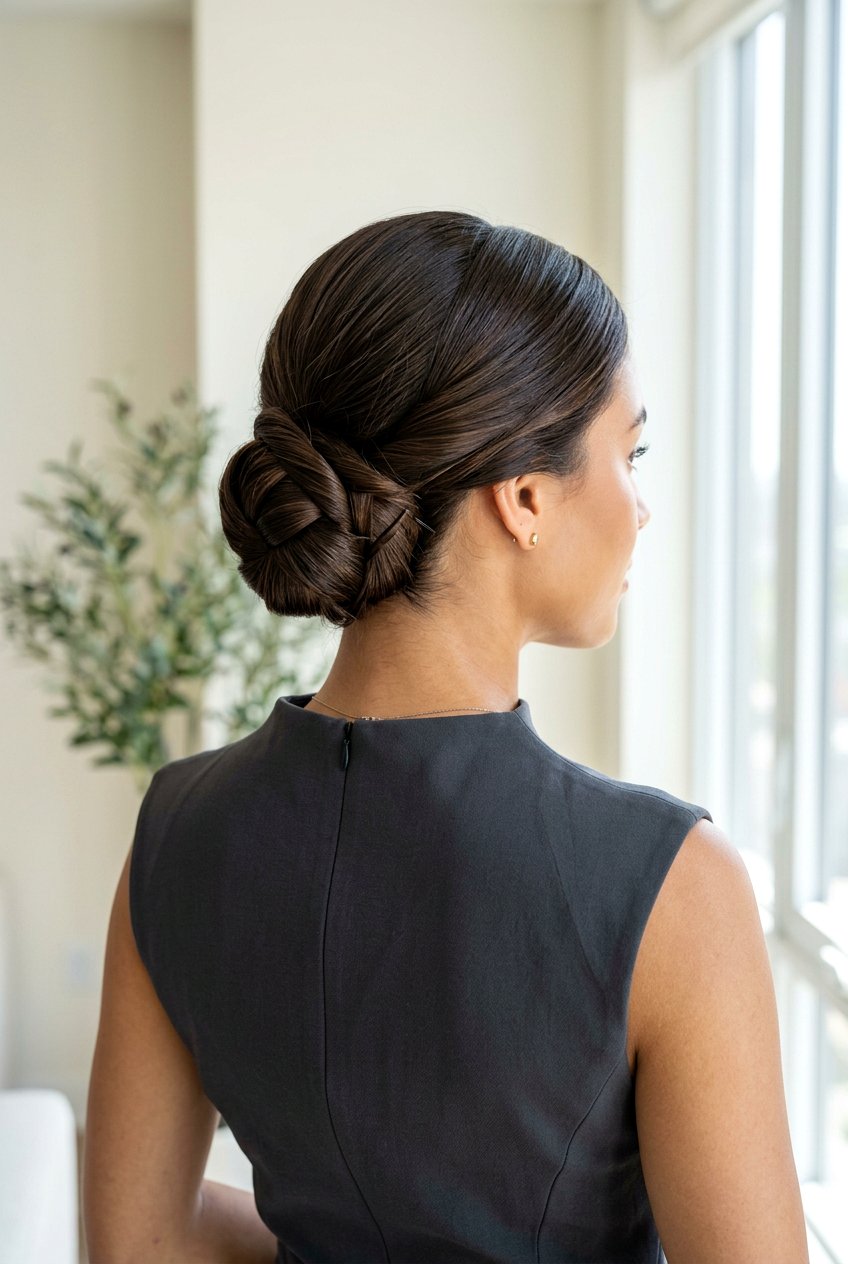 Geometric twisted low bun with woven wrap detail in dark brown hair