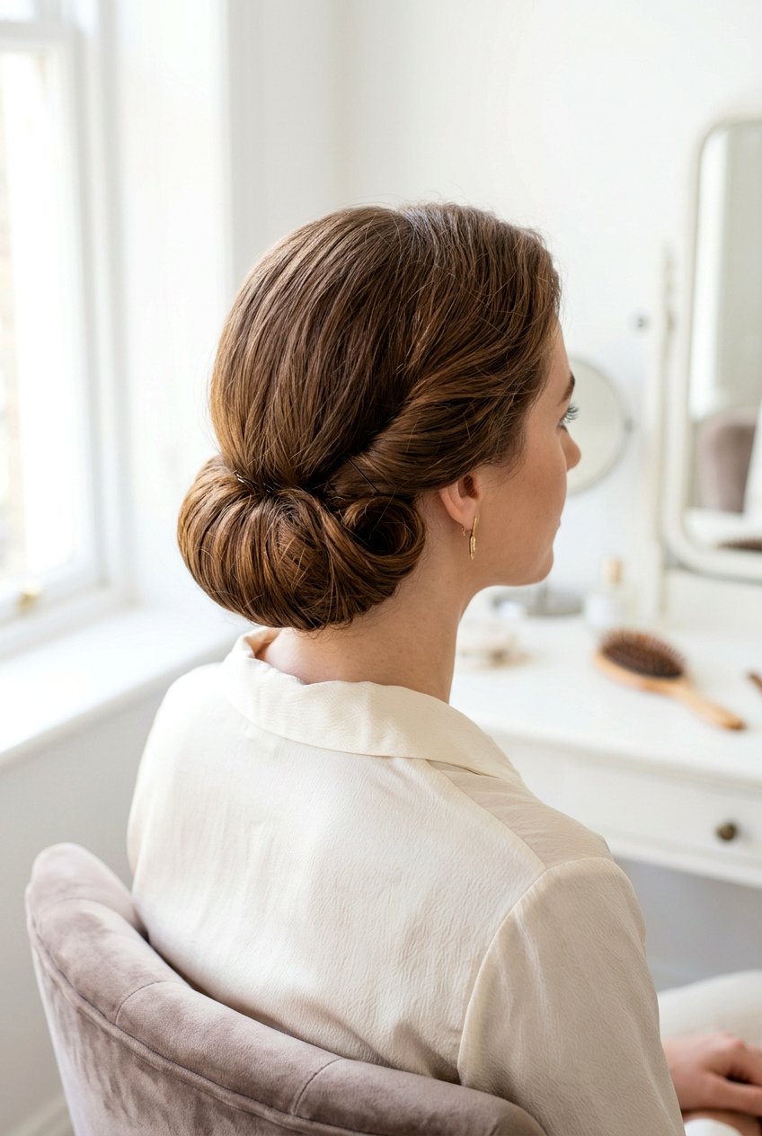 Brunette Gibson tuck rolled low bun